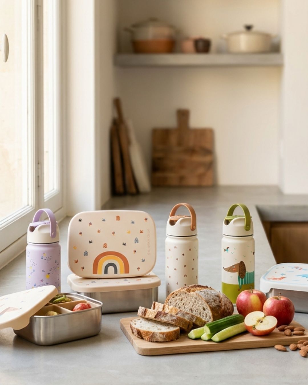Matbokser og drikkeflasker til barn uten plast, i rustfritt stål og LFGB-sertifisert silikon