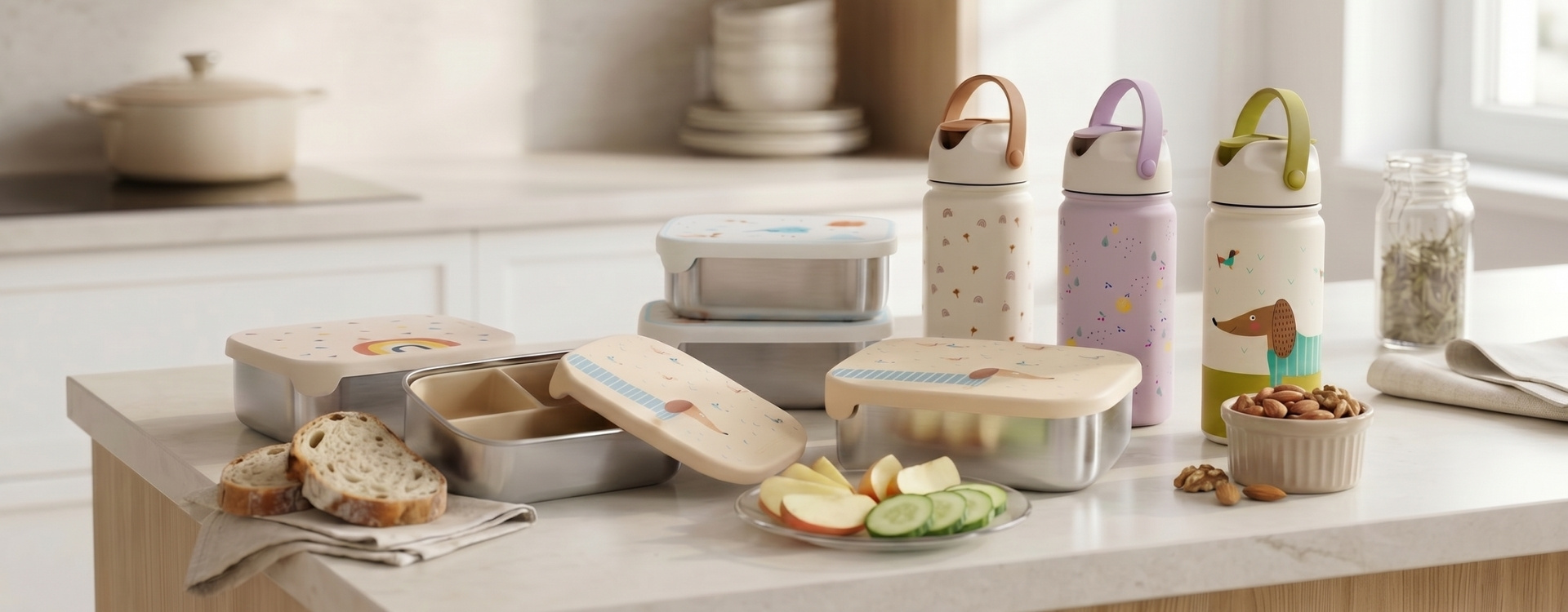 Matbokser og drikkeflasker til barn uten plast, i rustfritt stål og LFGB-sertifisert silikon