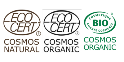 Logoer for sertifiseringer innen hudpleie og kosmetikk: Ecocert COSMOS Natural, COSMOS Organic og BIO